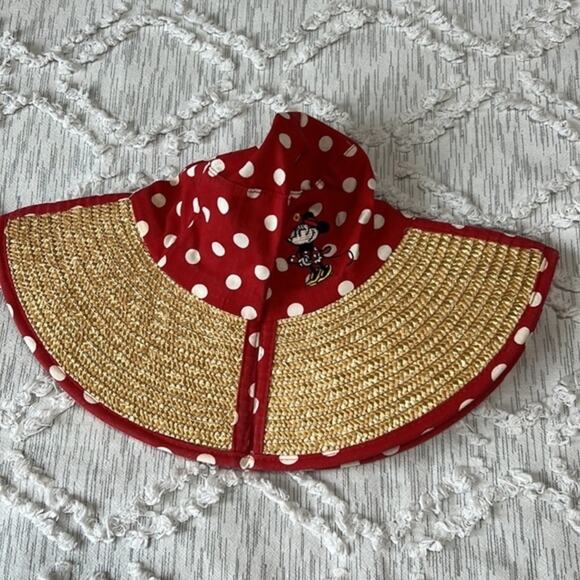 Vintage Straw Sun Hat Cap Red Polka Dots Foldable Walt Disney World‎ - Picture 5 of 9